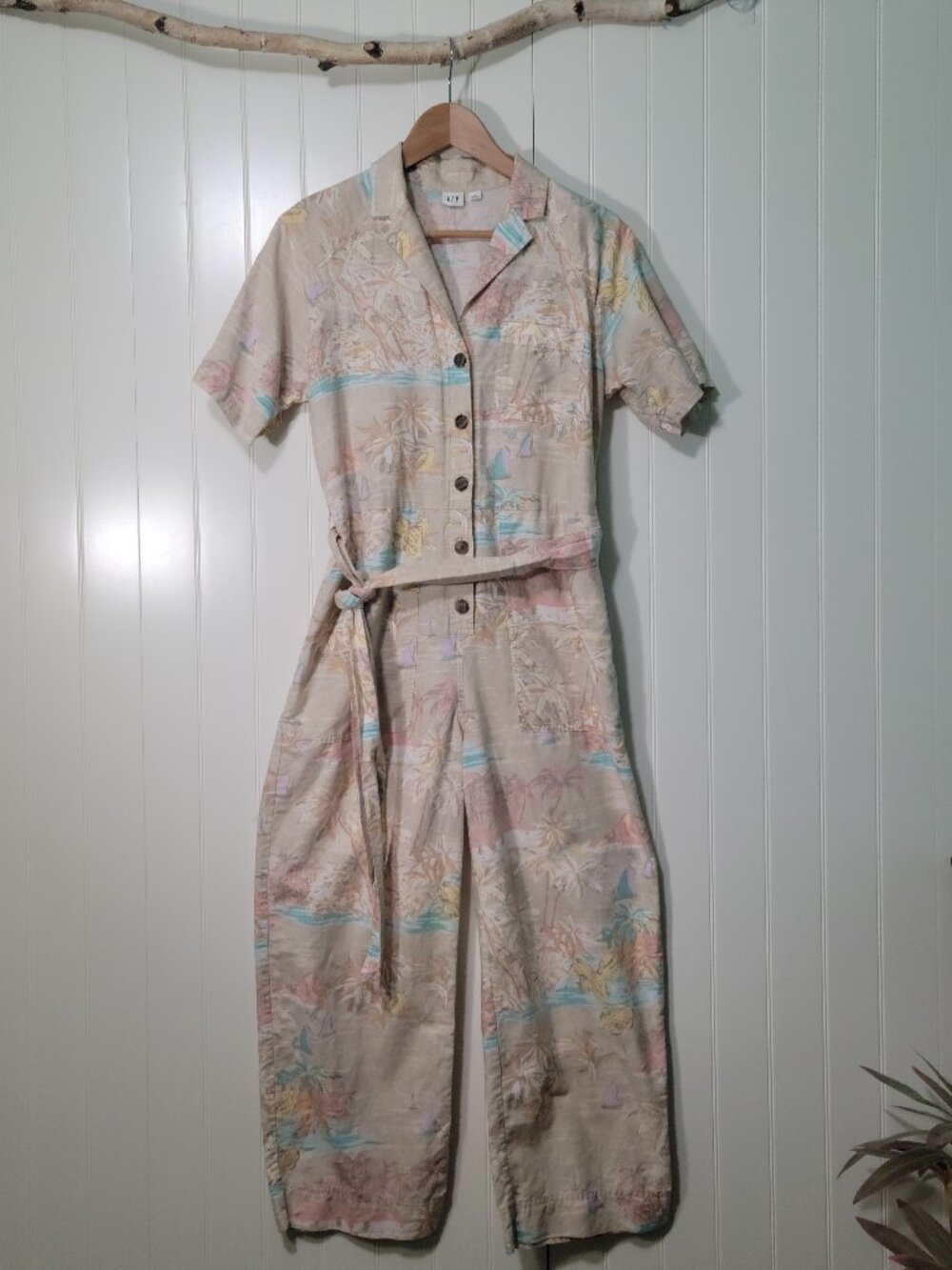 Gap Linen Utility Jumpsuit Tropical Coastal Resort Beach Euro Cropped Leg Sz 4